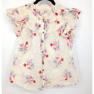 La Vie Rebecca Taylor Blouse Womens XS Yellow Floral Flutter Sleeve Romantic Top